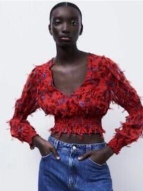 Zara Semi Sheer Red Floral V-Neck Smocked Crop Top With Fringe Detail Size Small